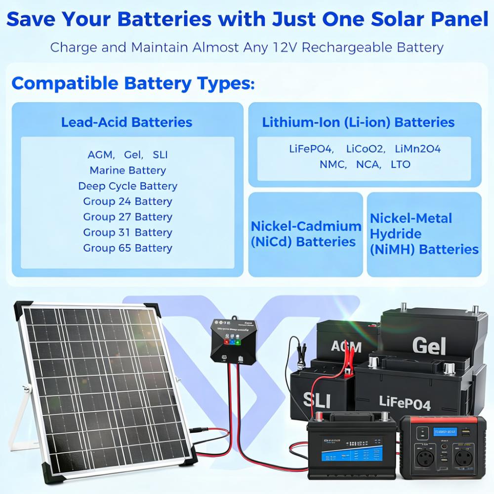 12V Solar Battery Charger, 20W Waterproof with MPPT Controller for Multiple Vehicles
