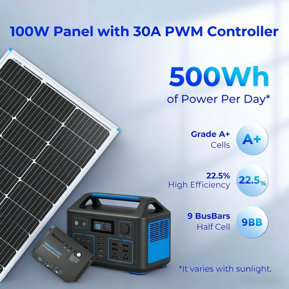 100W Solar Starter Kit, Includes Charge Controller & Mounting Hardware